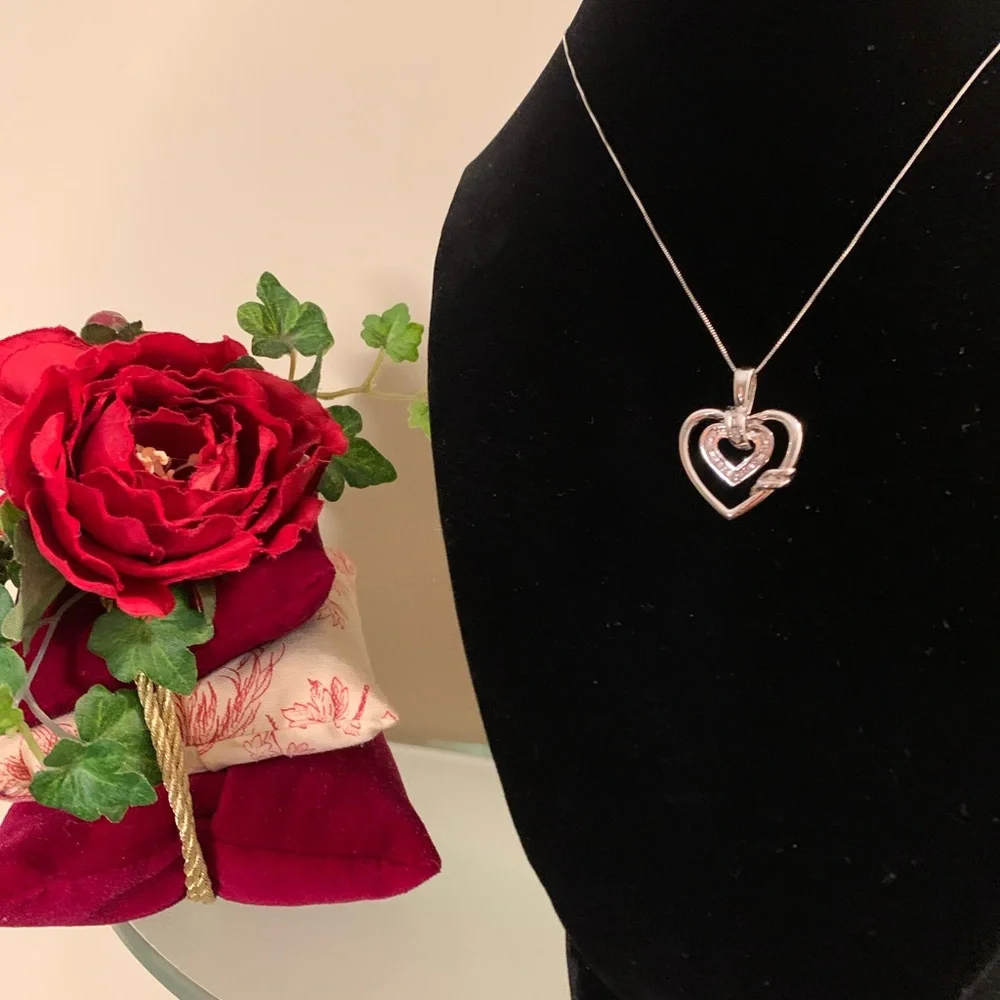 💞14K + Genuine Diamonds Heart Inside A Heart Pendant (Includes 14K 18” Chain) - Picture 3 of 4